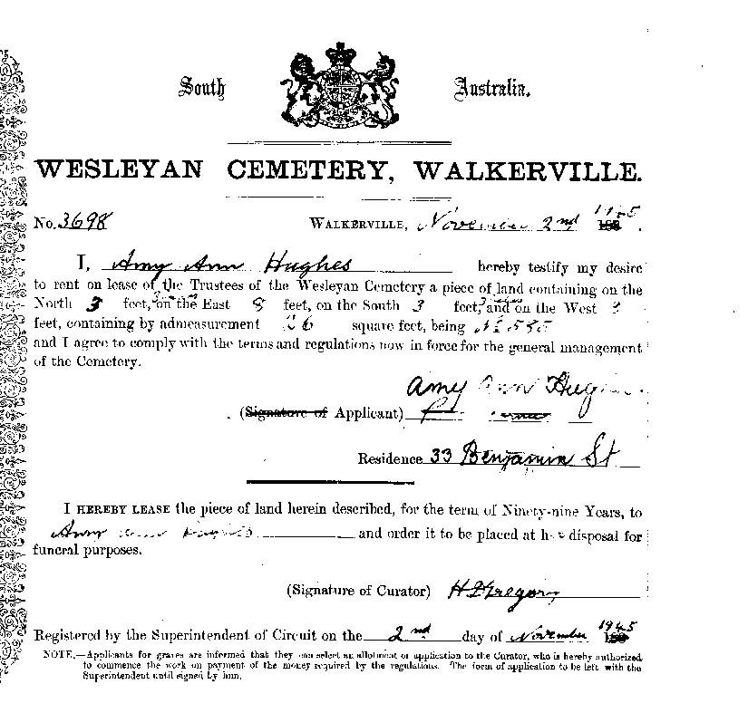 Lease signed by Amy Hughes 1945 for Percy's burial at Walkerville Cemetery SA  (634 KB)
 
File written by Adobe Photoshop¨ 4.0
(Click on Picture to View Full Size)